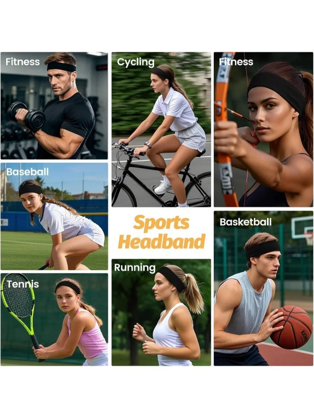 Women Black Elastic 6 Pack Headbands Stretchy Sports Sweatbands Hair Accessories